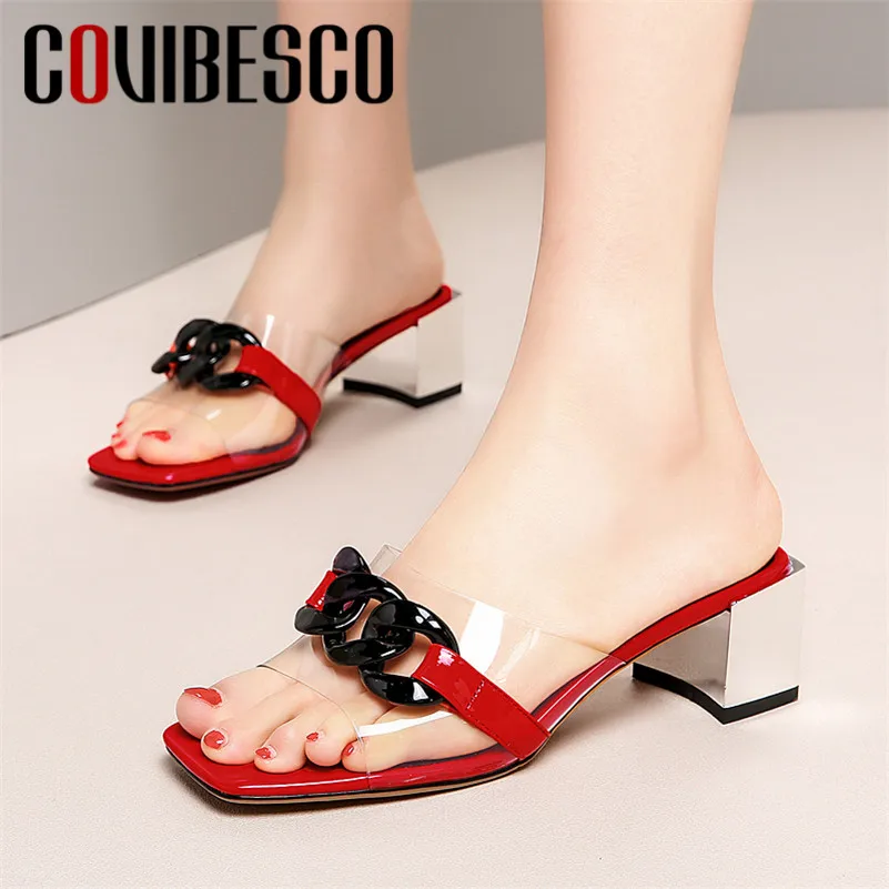 

COVIBESCO Fashion Concise Square Toe Square Heels Rome Women Sandals Slip on Pumps Pu Leather Genuine Leather Casual Shoes Woman