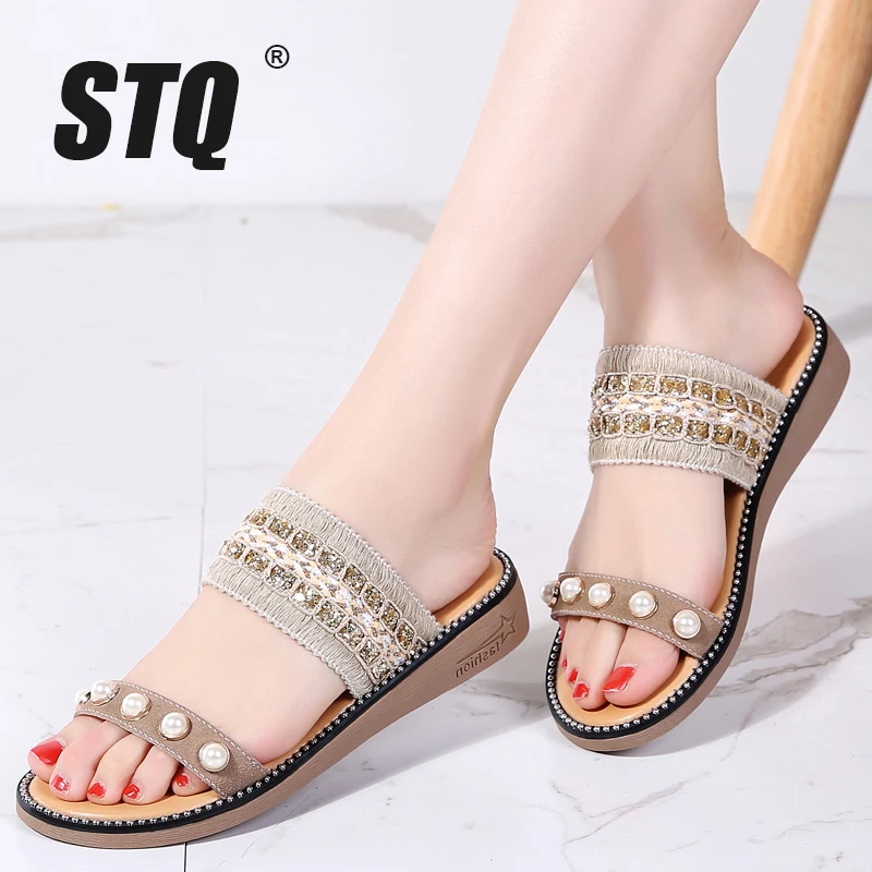 

STQ 2019 summer women slippers flat sandals shoes beach shoes slip-on woven round toe leather suede flat slides flip flops 9605