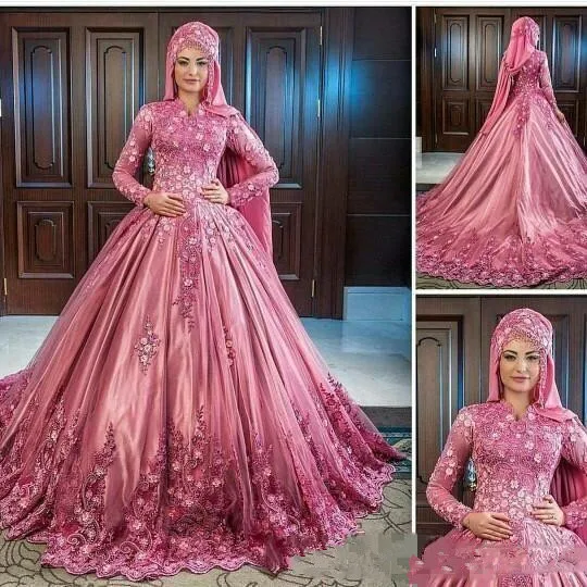 

Muslim Luxurious Hand Made Flower Lace Applique High Collar Long Sleeves Satin Wedding Dresses Elegant Classic Bridal Gowns