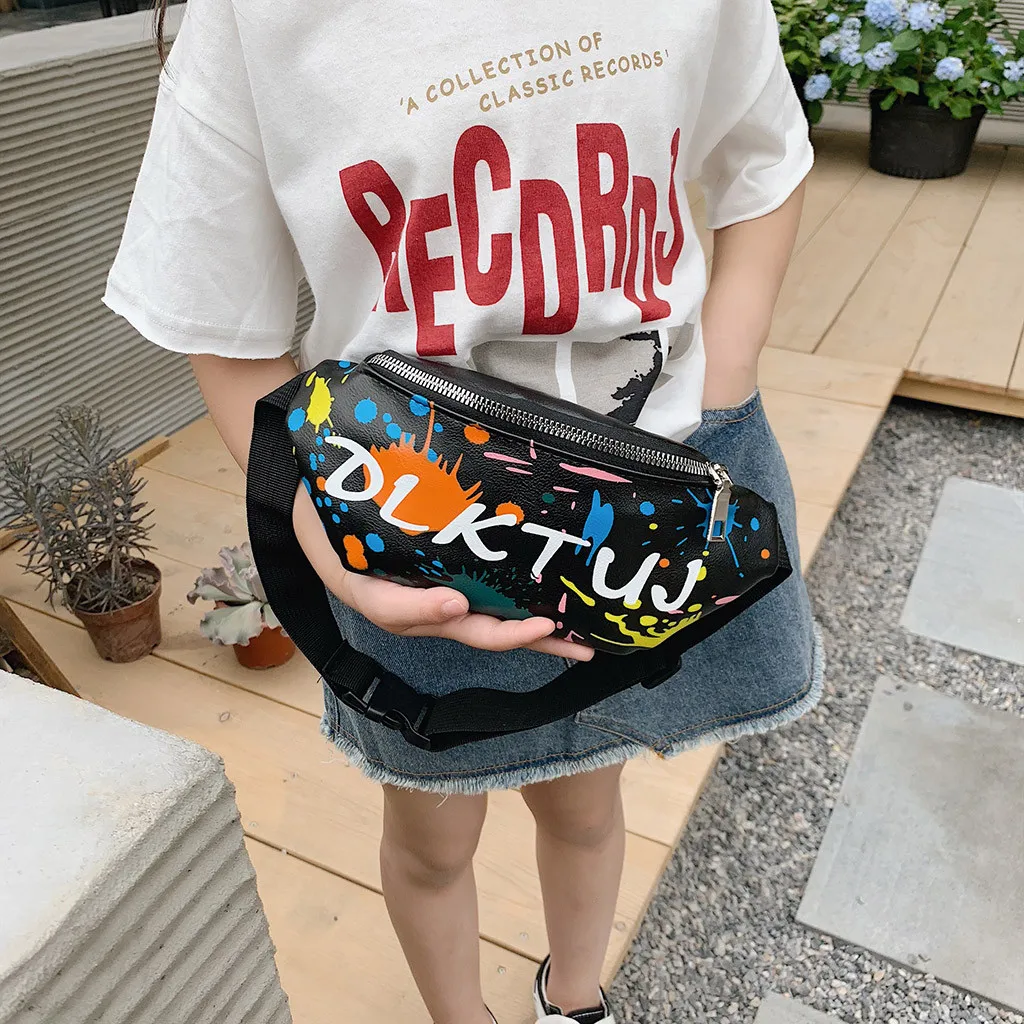 Children Waist Packs Bags Small Canvas Chest Bag Kid Boy Girl Graffiti Purse Belt Waist Bag Shoulder Messenger Crossbody Bags