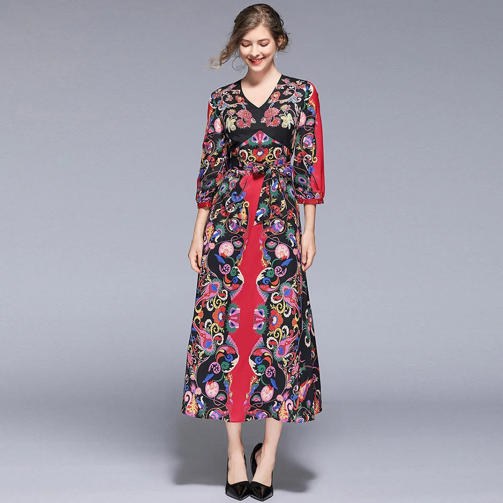 

Vintage Womans Print Dress V-neck Female A-line Dresses Ethnic Printed Mid Dresses Woman OL Party Dress Summer