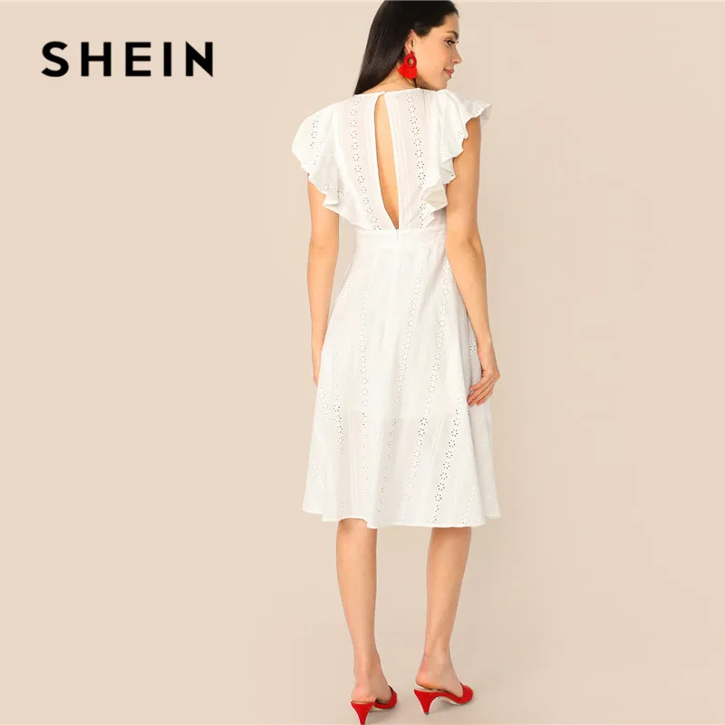 SHEIN белое платье с оборками и отделкой Schiffy Boho, женское однотонное летнее платье без рукавов, Дамское хлопковое ТРАПЕЦИЕВИДНОЕ ПЛАТЬЕ средней длины с высокой талией