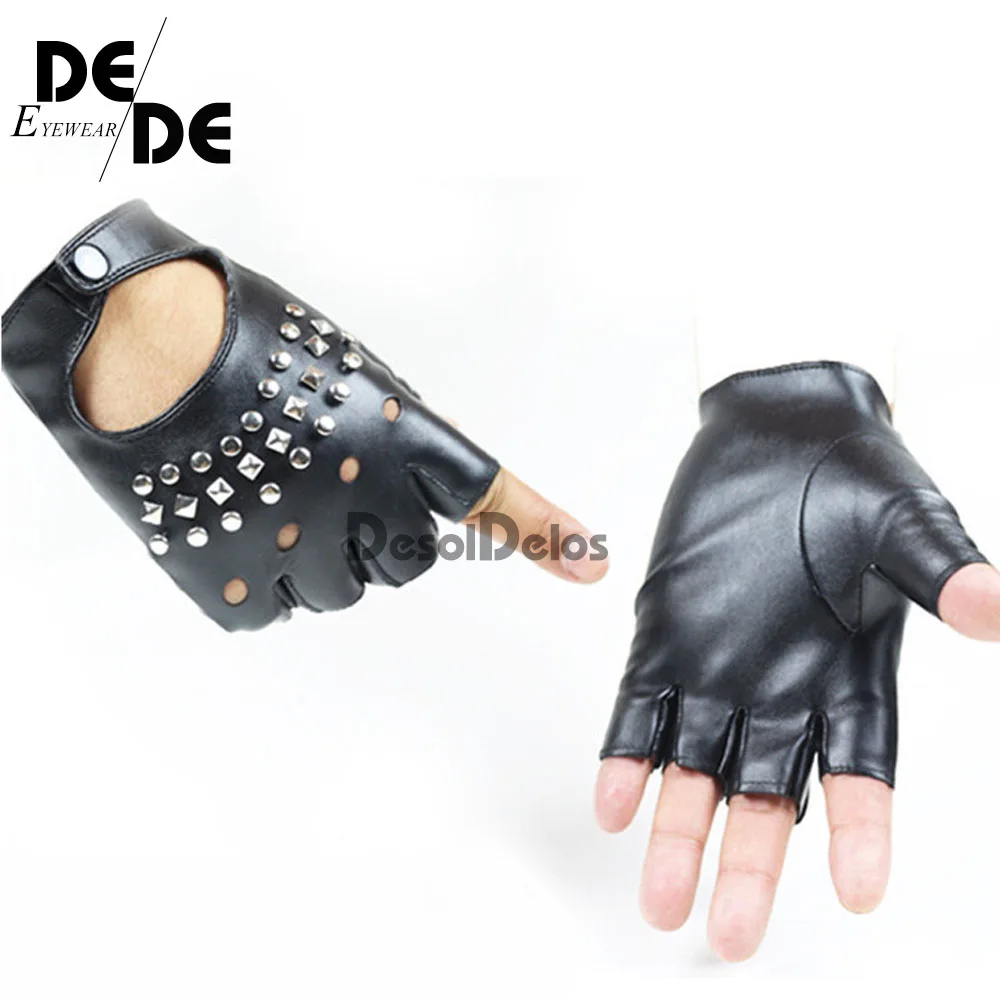 

Luxury PU Leather Gloves Mens Theatrical Punk Hip-Hop Glove Women Fashion Square Nail Fingerless Gloves Lady Mittens Black