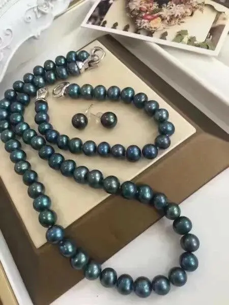 

10-11mm tahitian round black green pearl necklace &bracelet&&earring 925s