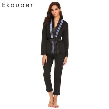 

Ekouear Women Casual Sleepwear Suit Long Sleeve Lace Trim Wrap Pajamas Set with Cuffed Hem Pajama Pant Female Nightgown Homewear