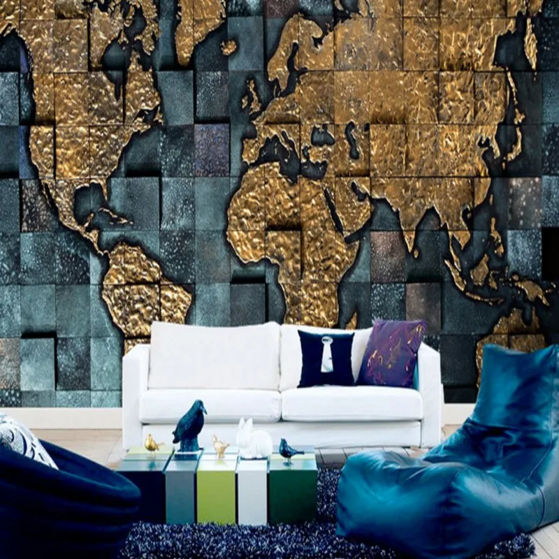 

Custom photo wallpaper high quality metal texture 3D wallpaper world map Living room Study background decorative mural