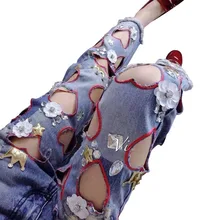 Размера плюс 26-32! Летняя обувь с перфорацией, harme джинсы Для женщин свободные штаны с вышитой надписью hollow out прямые джинсы длиной до щиколотки