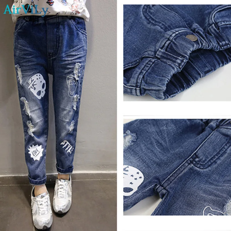 

2018 Spring New Children's Clothing Girls Jeans Korean Fashion Skull Print Pants Kids Casual Cartoon Mid Trousers