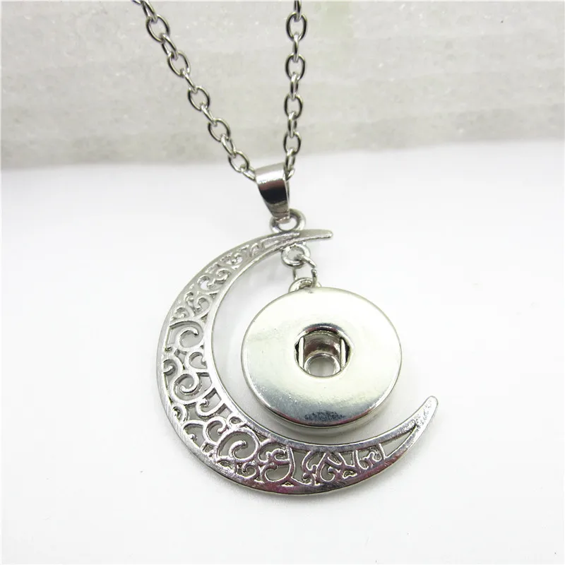 10pcs/lot Silver Moon Snap Button Jewelry Necklace With 50cm Chains