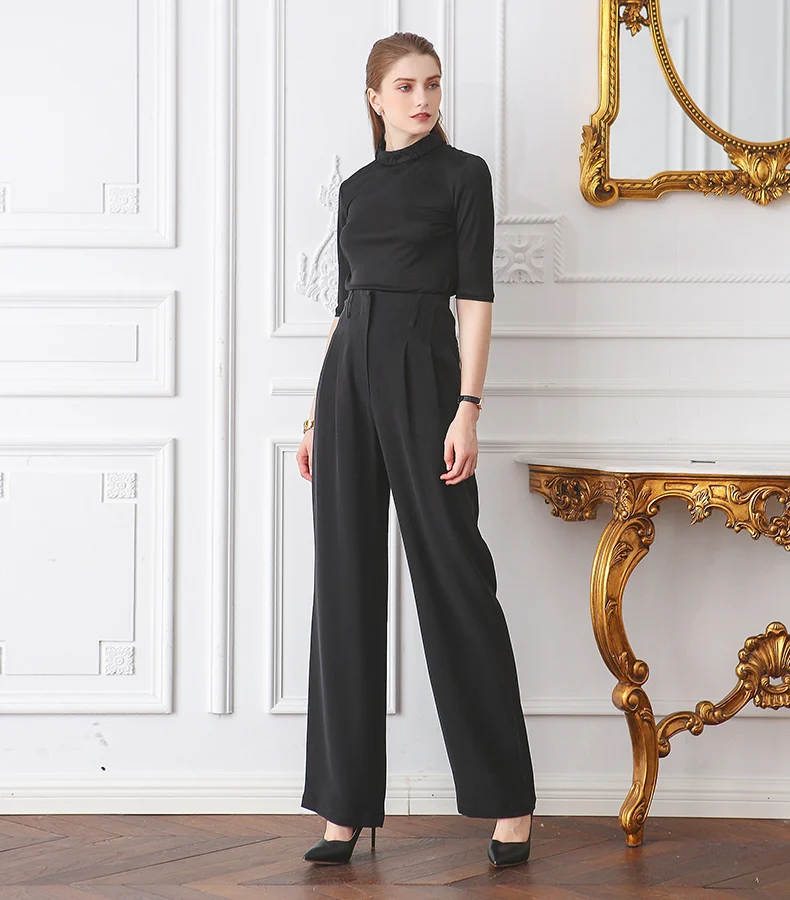 VOA классические матовые черные шелковые брюки с высокой талией размера плюс, женские офисные прямые брюки, женские брюки, K2760