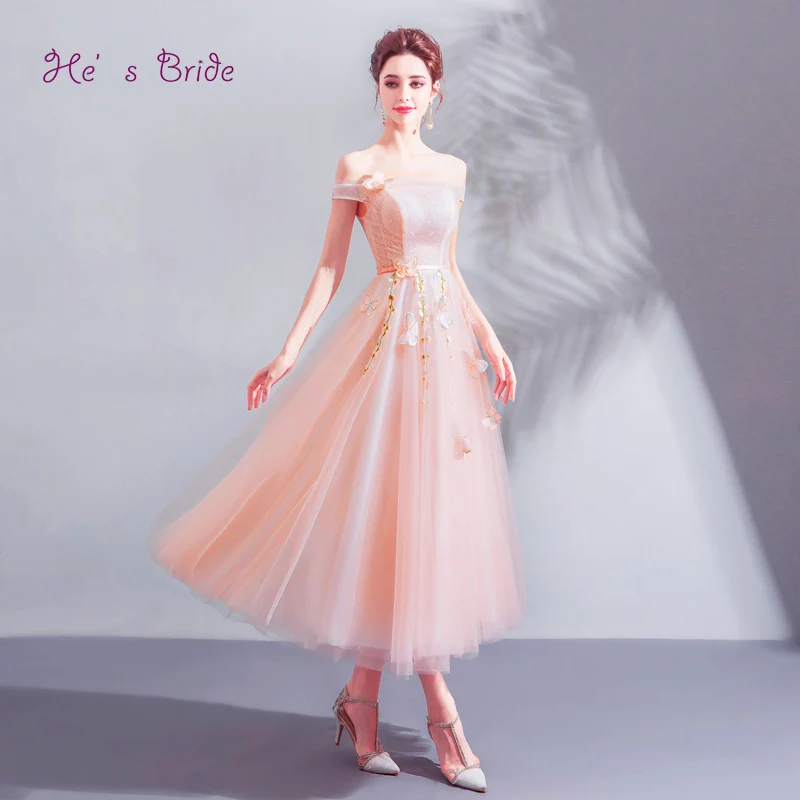 

He's Bride Pink New Sweet Elegant Evening Dresses Boat Neck Tea-Length Simple Lace Embroidery Prom Party Gown Robe De Soiree