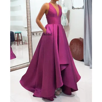 

Purple Prom Dresses V Neck A Line Floor Length Pockets High Quality Satin Formal Evening Gown 2019 Custom Made Women Party Dress