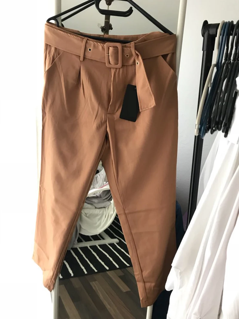 Осенний высокий Повседневный поясной ремень брюки женские модные прямые карманы офисные женские брюки уличные женские брюки