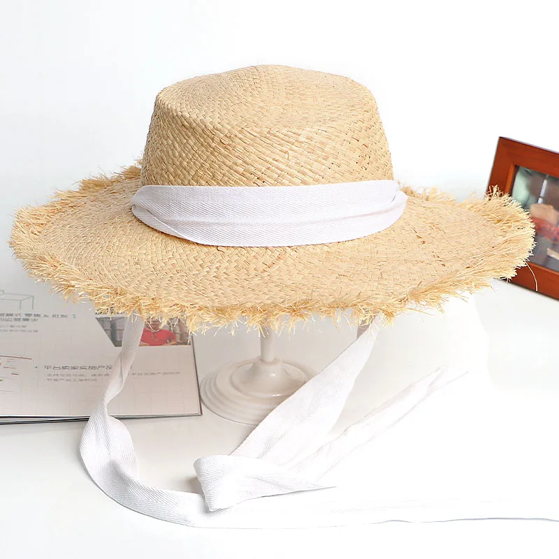 Пляжные шляпы, женские соломенные из пальмового волокна, шляпа, летняя шляпа, черная лента, бант, плоская подошва, женская шляпа, шляпа сомбреро, mujer verano - Цвет: Белый
