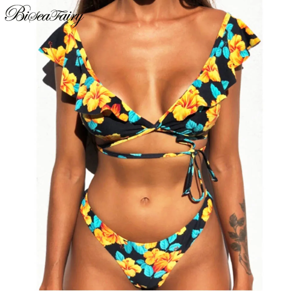 

BISEAFAIRY 2019 Bikini Set Sexy Print Swimwear Women Bikini Swimsuit Lace BrazilianBandage Halter Beach Wear Bathing Suits