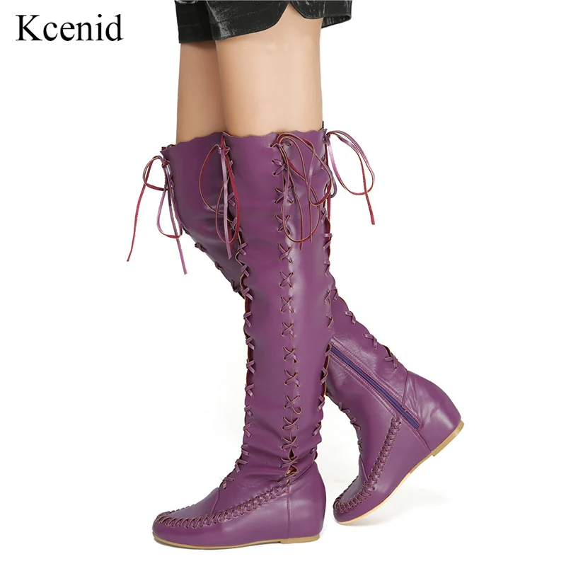 Altura Mujeres Cuero Mujer 34 Las Moda Zapatos De 47 Por La Nuevo Pu Rodilla Cremallera Botas Encima Plus Con Púrpura 2019 Tamaño Aumento atado Cruz Kcenid wqU0aa