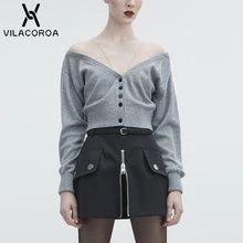 Осенняя модная футболка с длинными рукавами женская сексуальная перспективная сетчатая сшитая с v-образным вырезом короткий однотонный вязаный кардиган футболка женская Modis