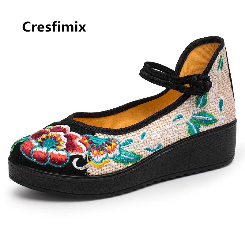 Cresfimix Zapatos De Mujer Women Cute Sweet Black Flat Platform Shoes Lady Chinese Embroidery Shoes Retro Street Shoes C3577b