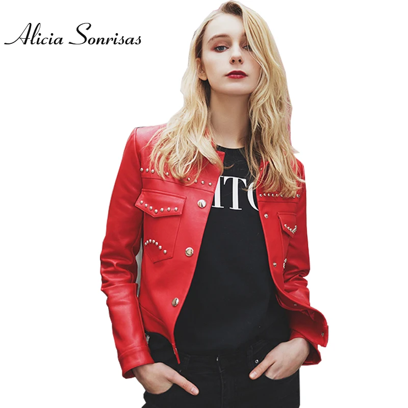 2018 New Spring Red Leather Jacket Women PU Leather Short
