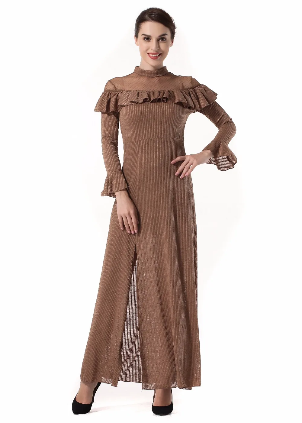 

Knitting Lady A Dress Women Ruffles Spring Autumn Flare Sleeve Dresses Ankle Length Long Gowns Female Elegant Brown Gowns XL