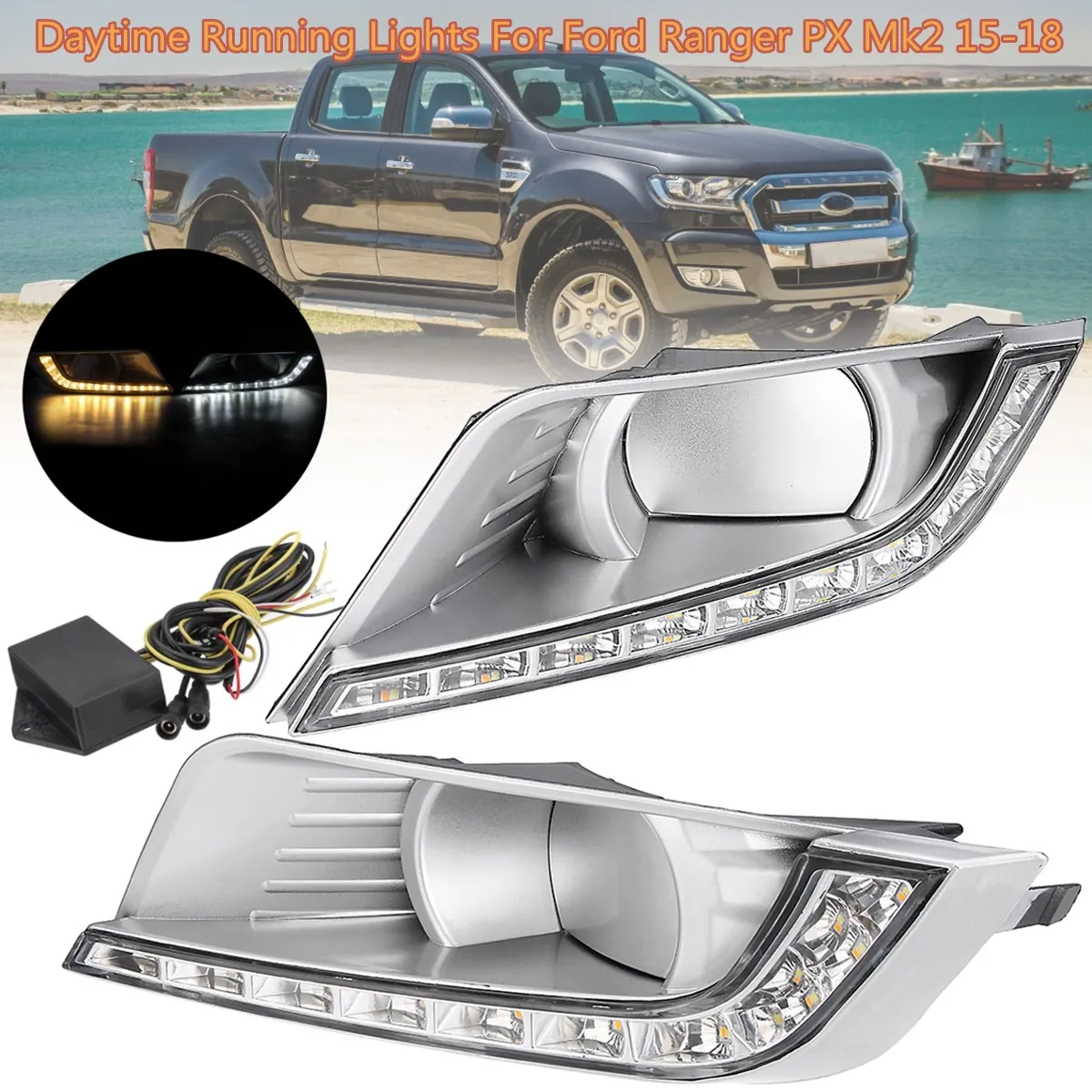 

2 Pcs Bumper LED Daytime Running Lights for Ford Ranger PX Mk2 2015 2016 2017 2018 turn Signal DRL Fog Driving Lamp car Styling