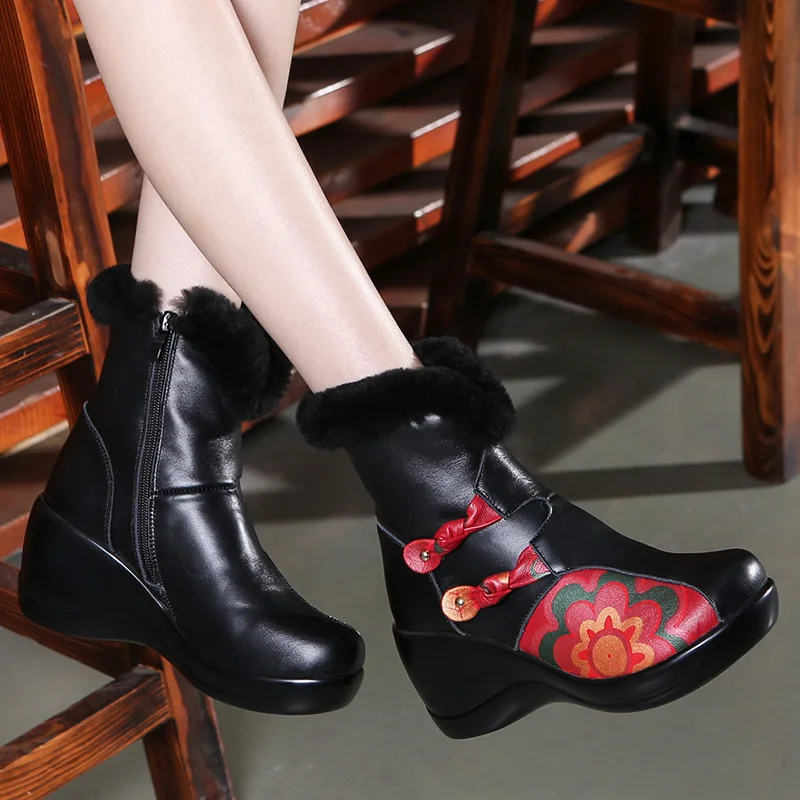 

Women Leather Martin Boots 8 CM High Heel Wedge Shoes Winter Warm Embroidery Leather Ankle Boot Women Fur Fashion 2018 Handmade