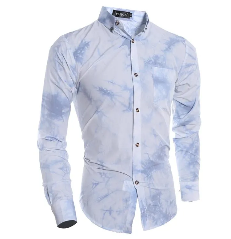 2016 хлопок Бросился Настоящее Качество 3D красочная печать Повседневная рубашка с длинным рукавом, Мужская Slim Fit Tie-Dye Рубашки для мальчиков