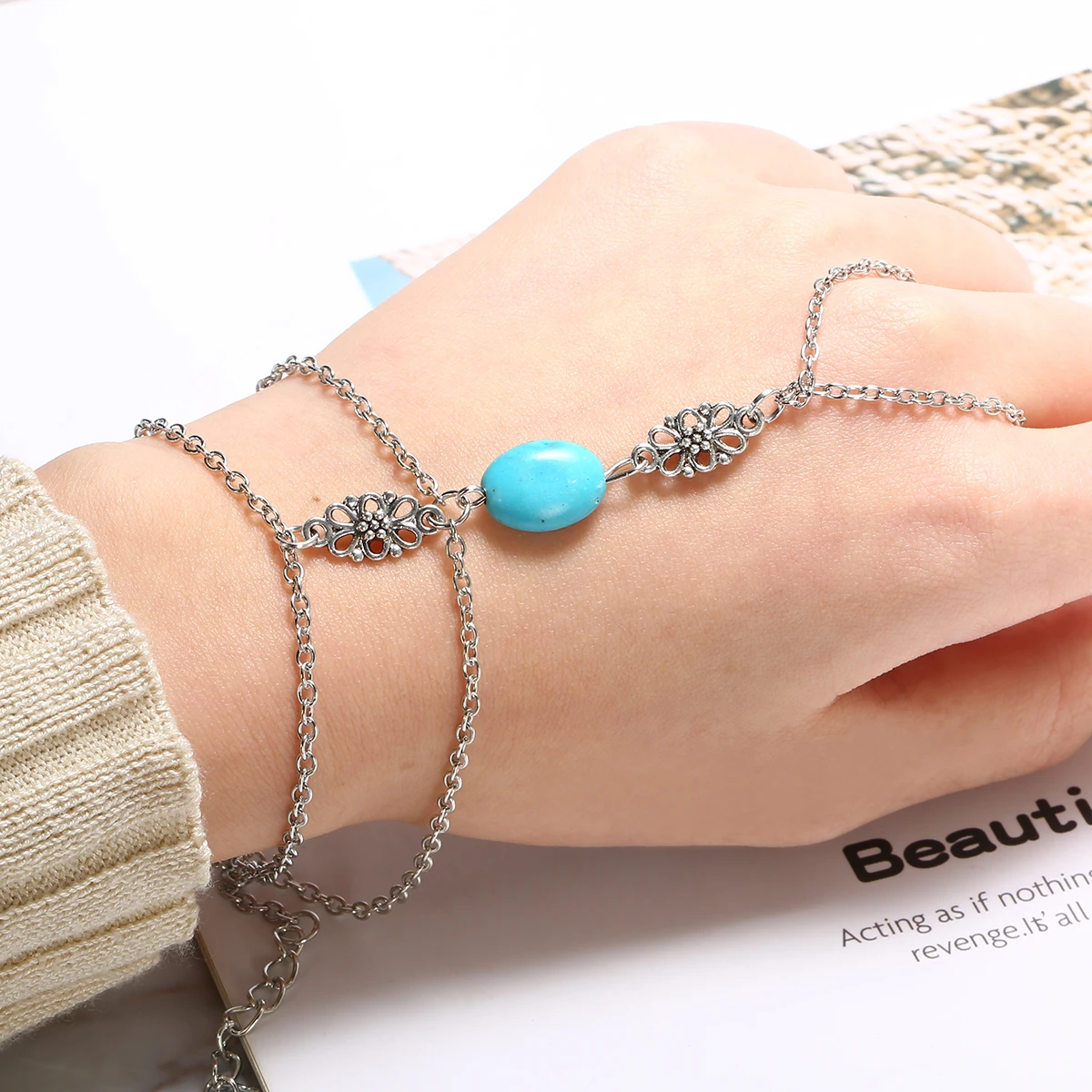 Fashion Chain Bracelet Drop Punk Silver Plated Women Metal Hand Harness Chain Turquoise Beads Slave Finger Ring Boho Jewelry