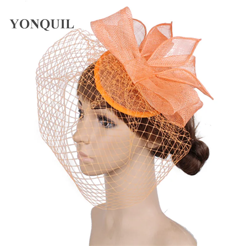 Orange Sinamay Fascinator Hats With Birdcage Veil And Loops For
