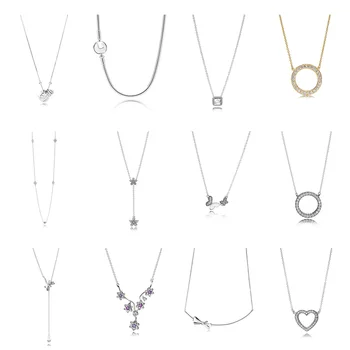 

12 Style 45 CM Authentic 925 Sterling Silver Flower Heart Pendant Necklace For Women Party Wedding Gift Jewelry