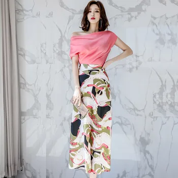 

Office Lady 2 Piece Set Outfits Sexy One Shoulder Satin Pullover Top+Vintage Print Skirt Set Bodycon Summer conjunto femenino