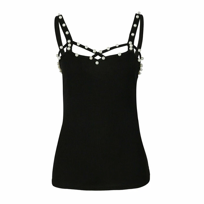 Women Elegant Pearls Beading Shirt Women Strappy Vest Tops 2019 Ladies Summer Casual Tops Blusas Woman Backless Sexy Black Shirt