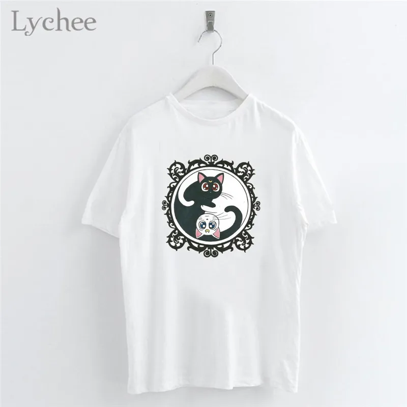 

Lychee Harajuku Anime Sailor Moon Cat Print Female White T-shirt O-Neck Short Sleeve T-Shirts Women Simple Casual Top Tee