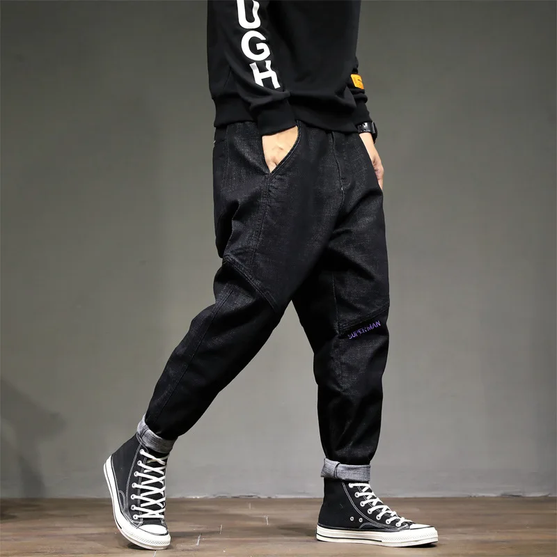 

Fashion Streetwear Men Jeans Vintage Black Color Loose Fit Harem Trousers Tapered Pants hombre Embroidery Design Hip Hop Jeans