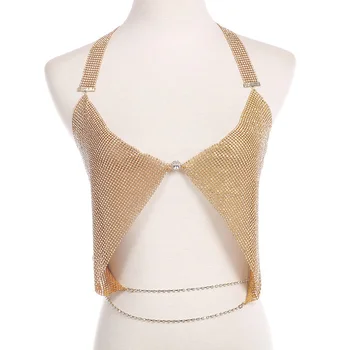

Gold Colors Fashion Sexy Women Body Chain Aluminium Sequins Bra Chain Shiny Metal Mesh Chainmail Necklace Body Jewelry
