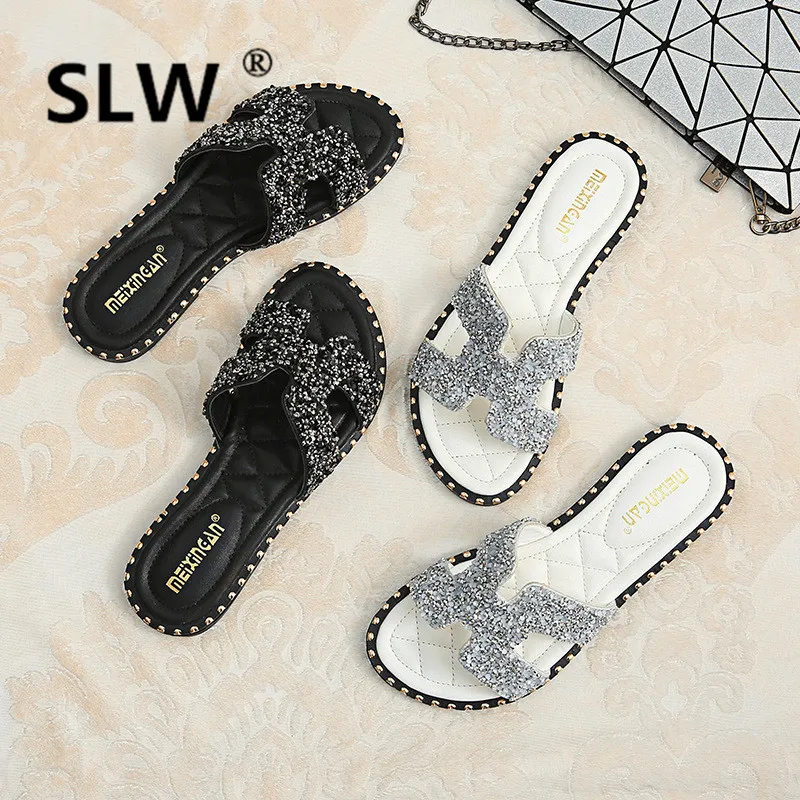 

korean style fashion cut out crystal beach slides female summer new flat heel slippers brand design gladiator sandals woman