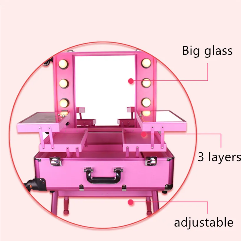  Aluminum frame Professional Rolling Studio Makeup Artist Cosmetic Case Beauty Trolley suitcase LED  - 32808835025