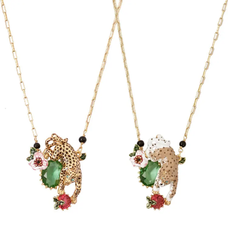 

France Hand Paint Enamel Glaze Copper Alloy Australia AAA+ Crystal Leopard Sweater Necklace Animal For Women Party Accessorie193