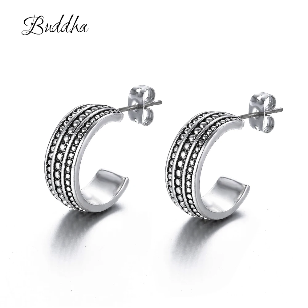 

New Pendientes Luxury 925 Sterling Sliver Earrings Tire Pattern Ancient Silver Stud Buddha Earrings Women Brincos Free Shipping