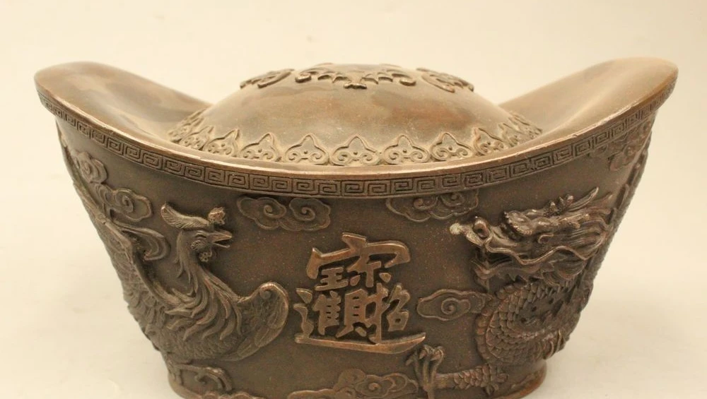 

8" Lucky China Chinese Fengshui Bronze Dragon & 5 Wealth God Yuanbao Statue