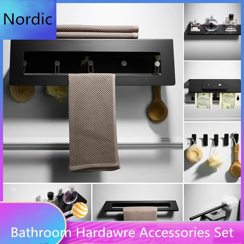 

Bathroom Shelf with Towel Bar Double Toilet Paper Holder Black Solid Toothbrush Holder Bathroom Accessoreis Set Appendiabiti