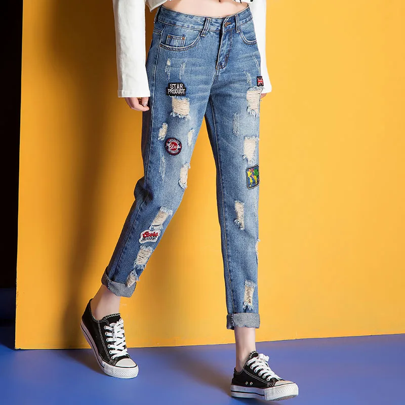 new Spring Women Jeans jean Pants Vintage Jeans Patchwork Cross Denim Trousers Loose Jeans clothes