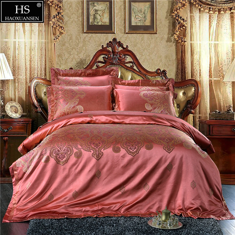 HS Jacquard Satin European Style 28 Momme Mulberry Silk 4pcs Bedding