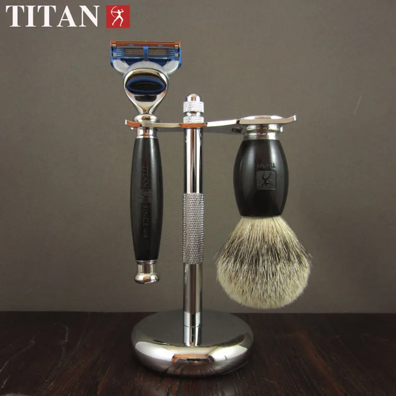 1 Stand +1 Razor + 1 Brush Men Shaving Set Classic Cassettes Shaver Kit Barber Razor Titan Black Ebony Wood Handle