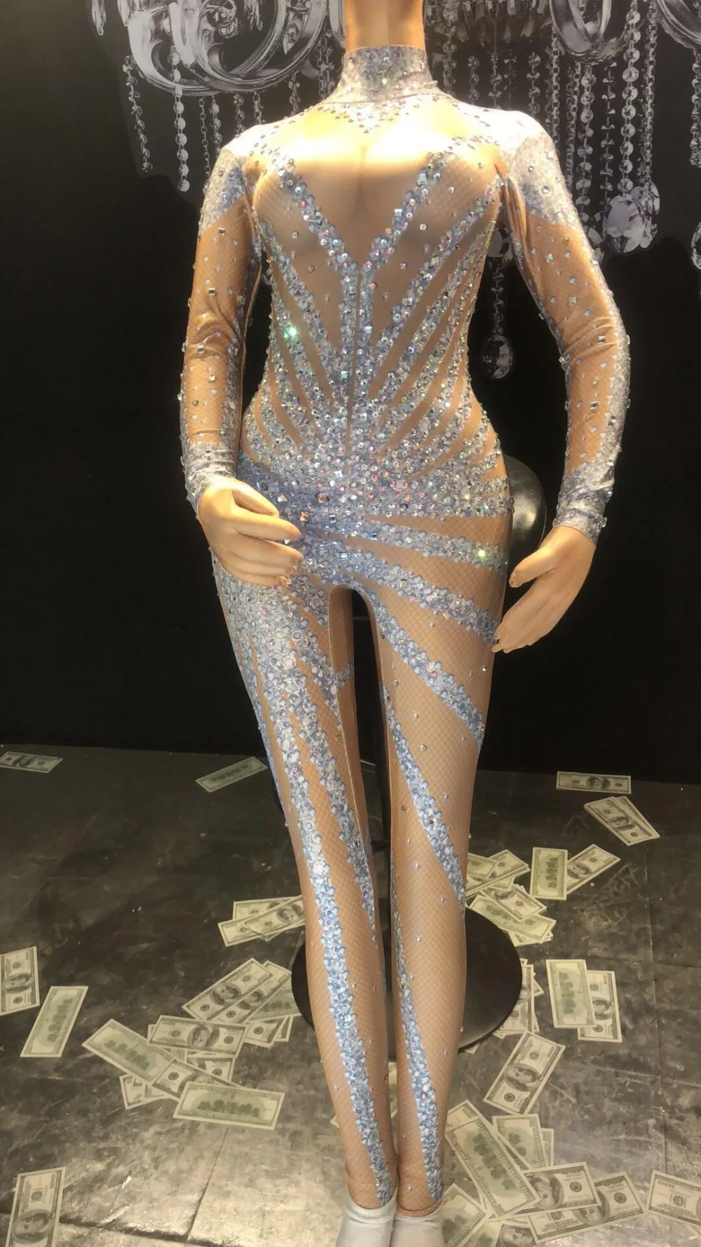 Модное серебряное блестящее боди со стразами, Женская сексуальная одежда для сцены, вокальное шоу, костюм, Большой растягивающийся костюм