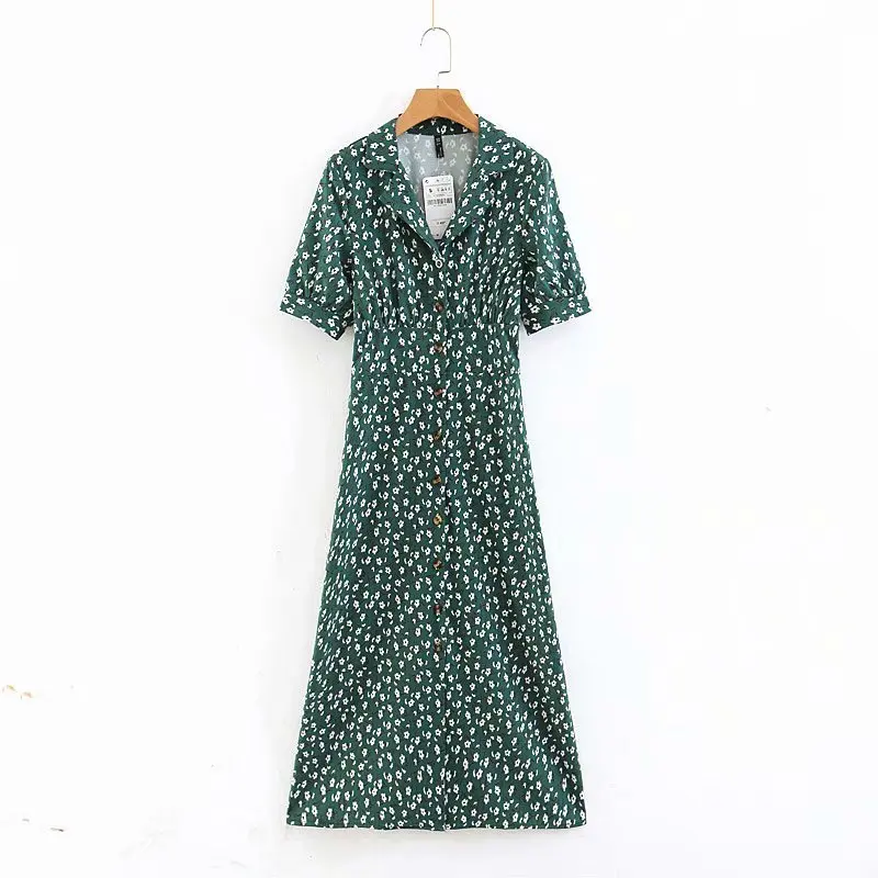 

women fashion short sleeve floral print long dress ladies single breasted shirtdress pleats vestidos casual slim dresses DS1782
