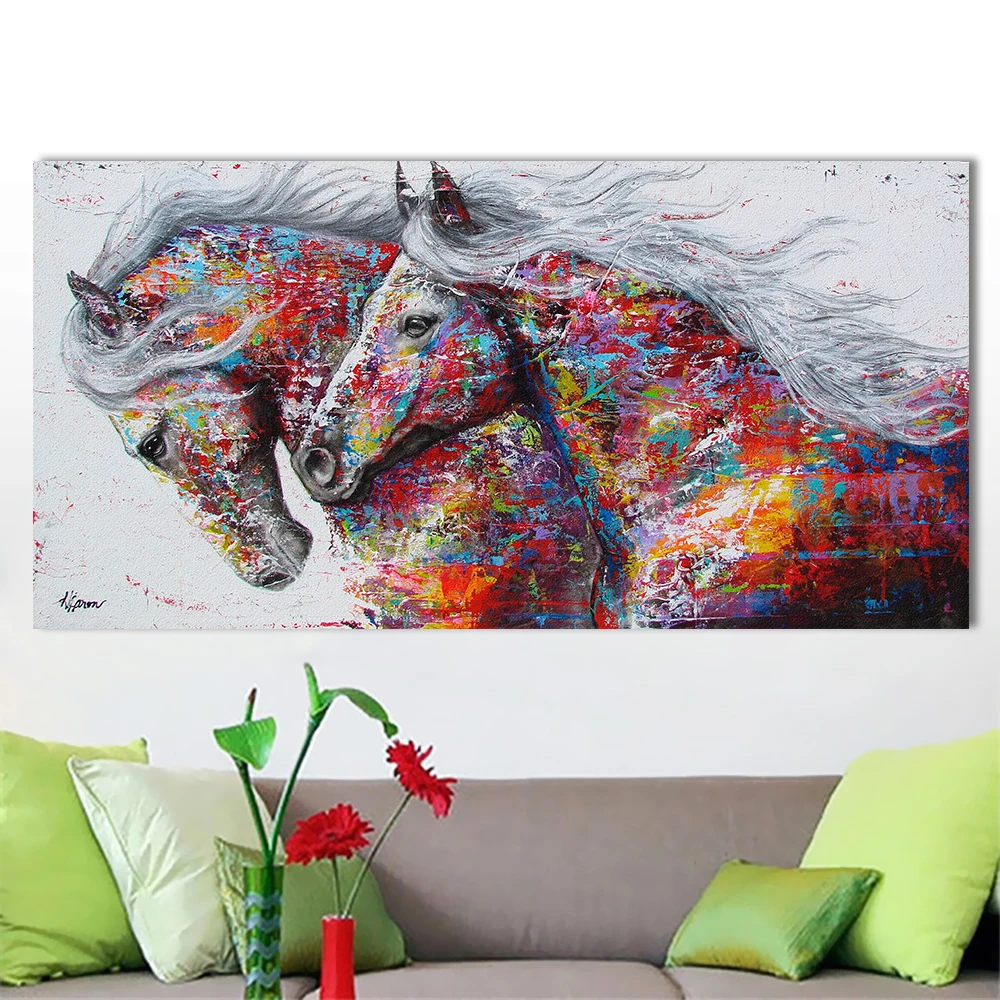 Preise QKART Ölgemälde Tier Wand Kunst Bilder Für Wohnzimmer Wohnkultur Poster Die Zwei Running Horse Keine Rahmen Leinwand malerei