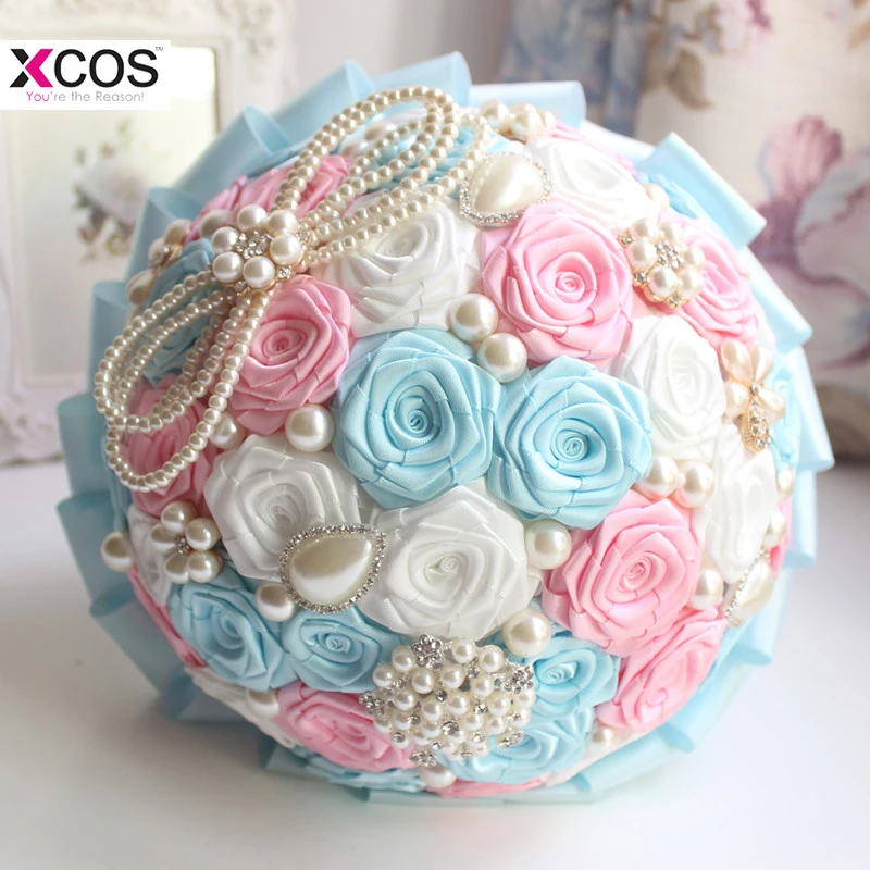 

Custom Made Ivory Pink Blue Pearl Beaded Wedding Hand Bouquet Ivory Rose Bridesmaid Flowers Artificial Bridal Bouquets In Stock