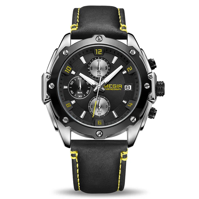 MEGIR, креативные спортивные часы для мужчин, Relogio Masculino, Модные кварцевые наручные часы с хронографом, часы, часы с кожаным ремешком, военные армейские часы - Цвет: Yellow black