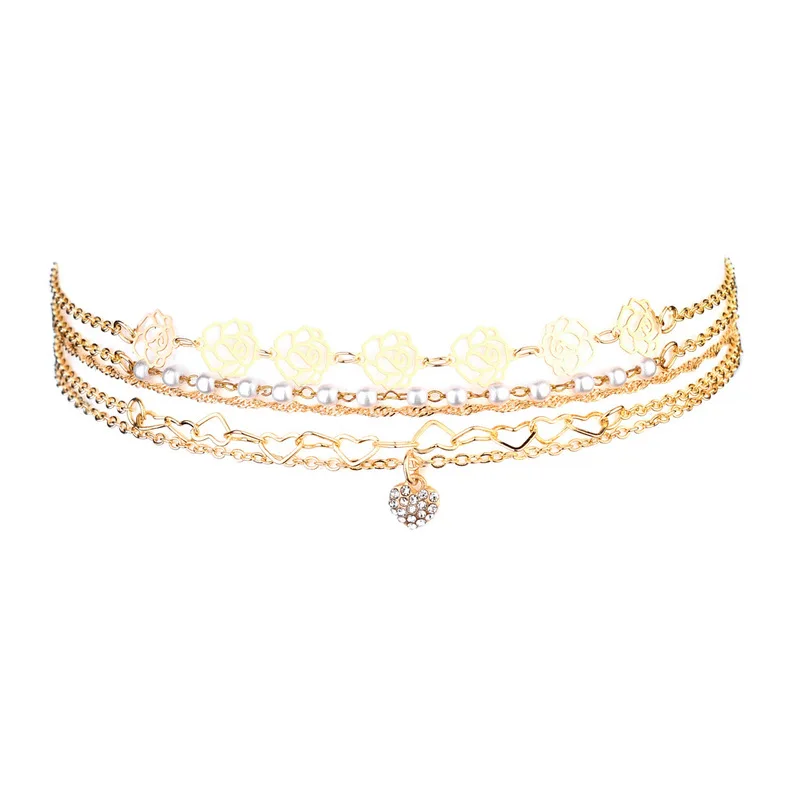 

5 Pcs/lot Elegant Gold Color Rhinestone Heart Pendant Necklaces Women Hollow Flower Chain Pearl Choker Necklace Charm Colares